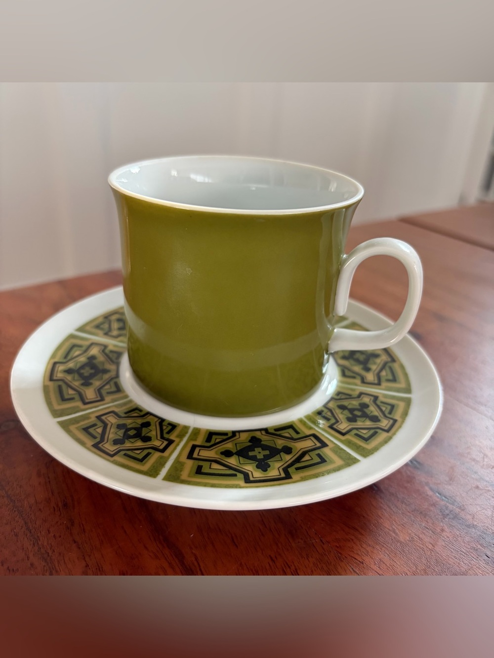 Vintage Sango Aquarius ZANZIBAR 205 Coffee Cup & Saucer MCM Avocado Green Japan